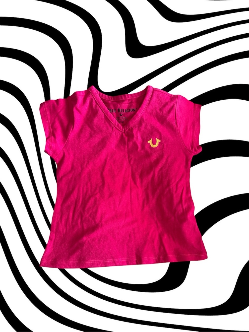 True Religion Bright Pink Girls' V-Neck Tee with Yellow Logo